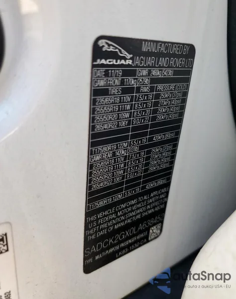 2020 Jaguar F-Pace Prestige z USA, uszkodzony, nr VIN SADCK2GX0LA638452